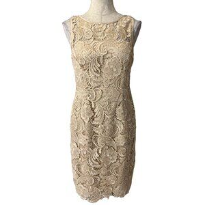 Adrianna Papell Dress 8 Matte Gold Lace Wedding Party Cruise Sheath w Bra NEW